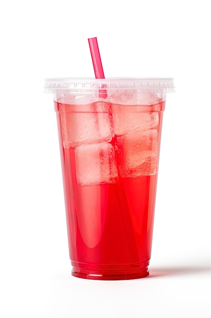 Bebida roja en un vaso de plástico aislado sobre un fondo blanco Concepto de bebidas para llevar