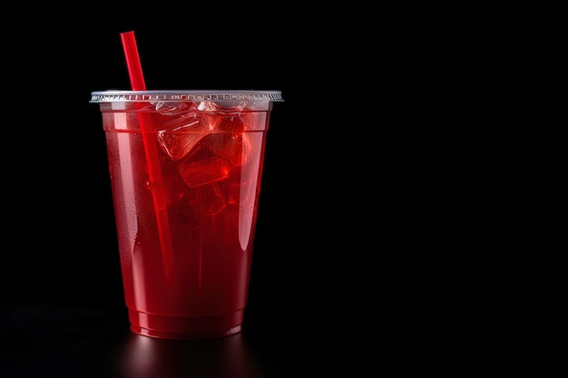 Bebida roja en un vaso de plástico aislado sobre fondo negro. Concepto de bebidas para llevar con espacio para copiar.