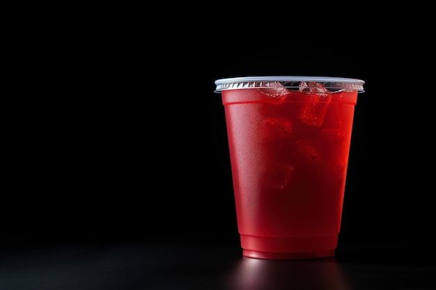 Bebida roja en un vaso de plástico aislado sobre fondo negro. Concepto de bebidas para llevar con espacio para copiar.