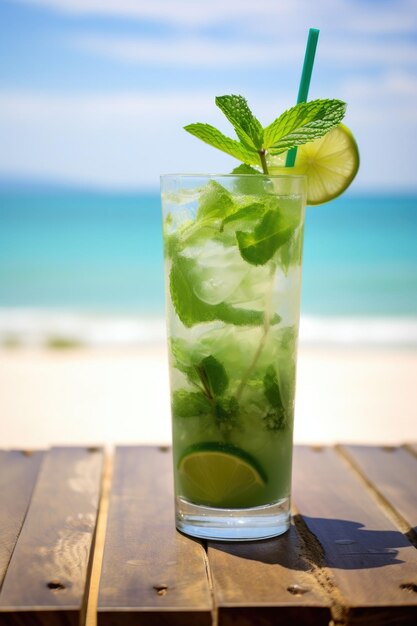 Foto bebida de ron largo mojito con jugo de lima de menta fresca en la playa