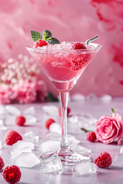 Bebida rosa com gelo e framboesas na mesa