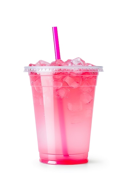 Bebida rosa em copo de plástico isolado em fundo branco Conceito de bebidas