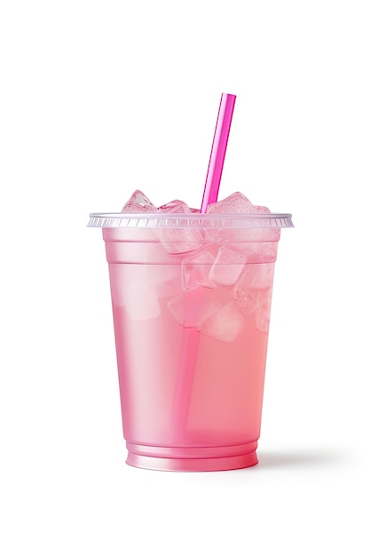 Bebida rosa em copo de plástico isolado em fundo branco Conceito de bebidas