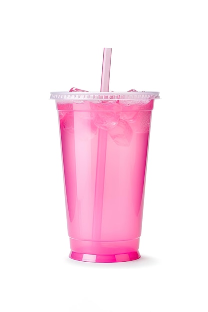 Bebida rosa em copo de plástico isolado em fundo branco Conceito de bebidas