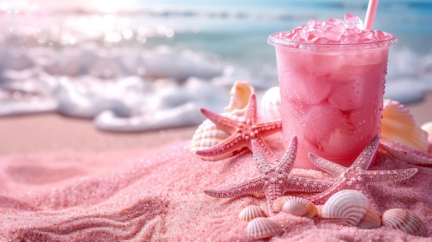 Una bebida rosa fresca en una playa de arena rosa con un fondo rosa y espacio para el texto IA generativa