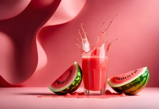 una bebida rosa con sandía y un vaso de jugo