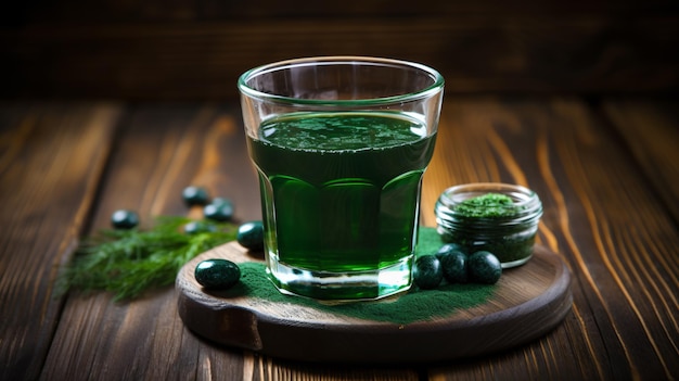 Bebida saludable de espirulina en el vaso sobre una mesa de madera