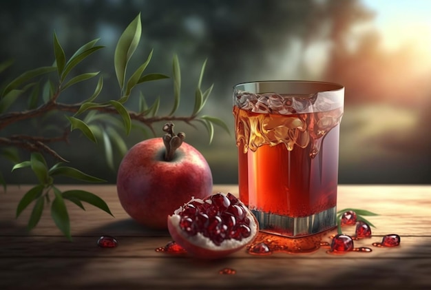 Bebida saludable de granada en vidrio transparente cerca de granada madura en mesa de madera con IA generativa de fondo de árbol de granada