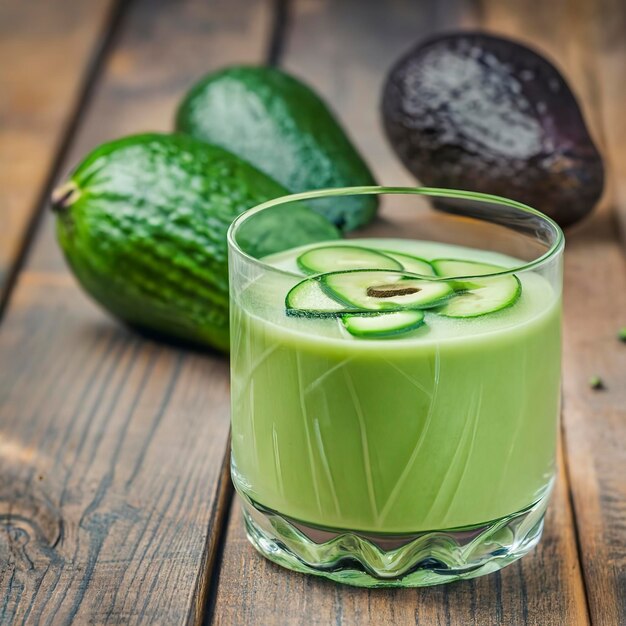 Foto bebida saludable de pepinos y aguacates en un vaso en la mesa