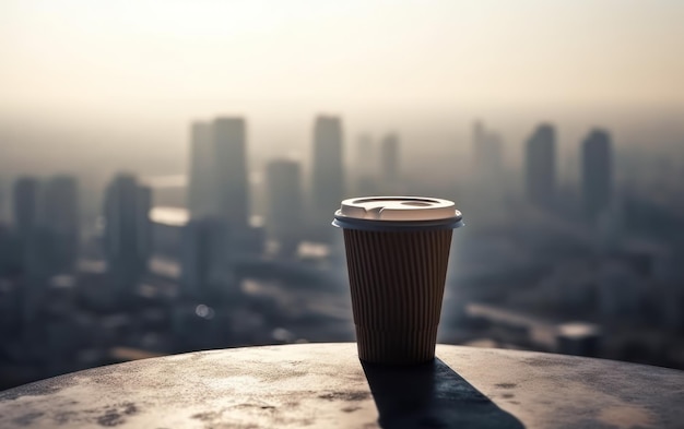 Bebida de taza de café caliente en la parte superior de un edificio rascacielos con fondo de horizonte de la ciudad