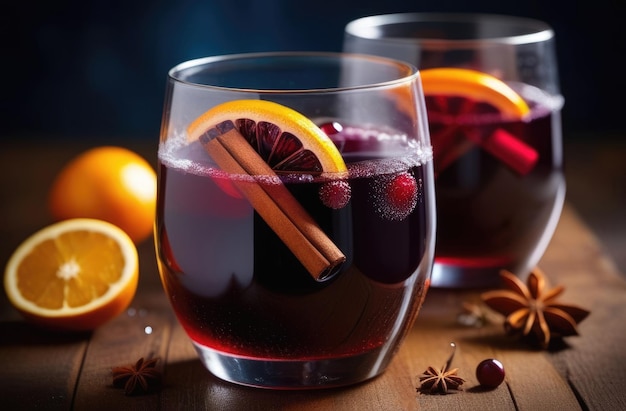 bebida tradicional de Natal copo de vinho quente não alcoólico vinho quente alcoólico bebida de inverno com canela laranja e especiarias fundo escuro
