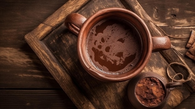 Bebida tradicional mexicana de atole de chocolate en la mesa de madera Vista superior Espacio de copia