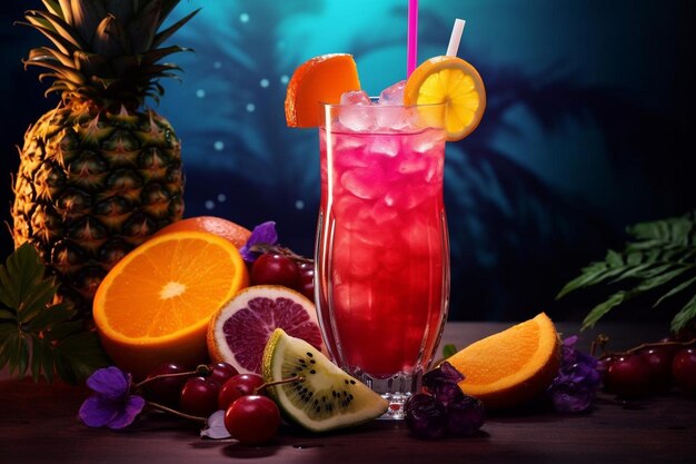 Bebida tropical colorida com frutas tropicais