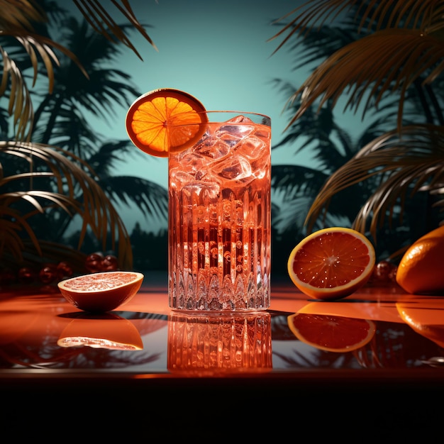 Bebida tropical com gelo e fatia de laranja em fundo gradiente gerado por IA
