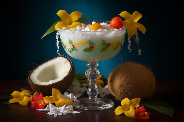 Foto bebida tropical de coco com guarnição de frutas tropicais