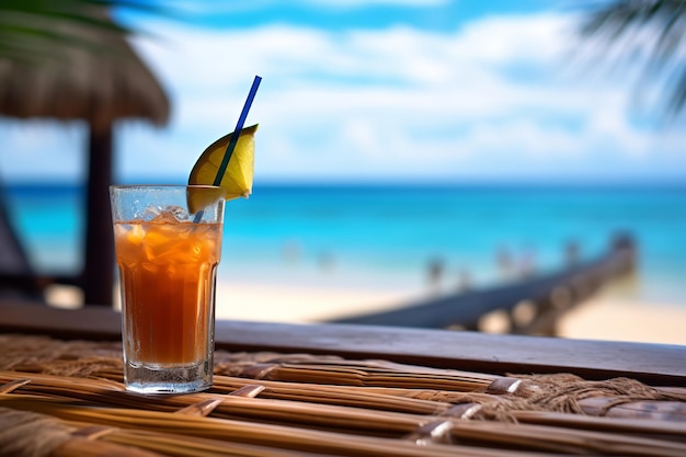 Bebida tropical em um bar de bambu à beira-mar