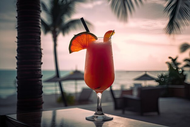 Bebida tropical exótica en un vaso de colores adornado con frutas frescas y playa generativa IA