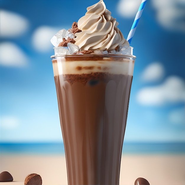 Bebida de verano con chocolate helado en la playa