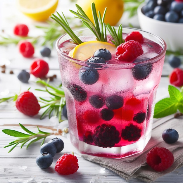 Bebida de verano cóctel de bayas con romero, limón y hielo sobre fondo de madera blanca Bebida saludable de vitaminas primer plano