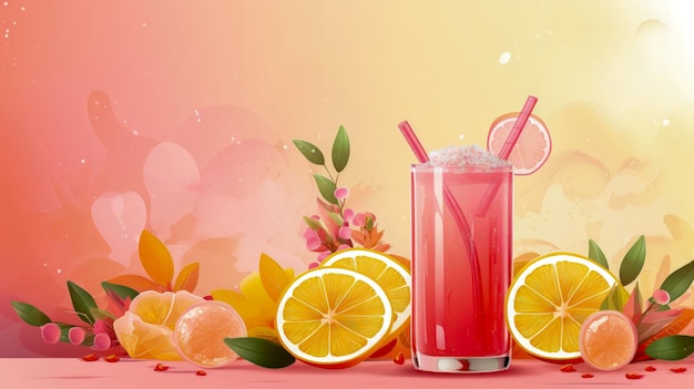 Bebida de verano de ensueño Limonada rosa helada con rodajas de cítricos y decoración floral