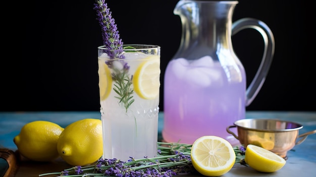 bebida de verano con refresco de lavanda y limón limonada casera infundida