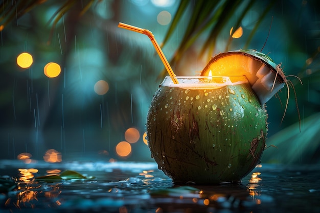 Foto una bebida verde de coco con una pajita en ella