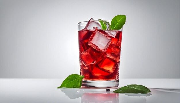 Bebida vermelha com cubos de gelo e folha verde isolada em fundo branco