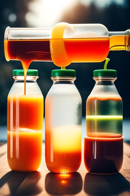 Foto la bebida se vierte en botellas de plástico en la producción de jugo