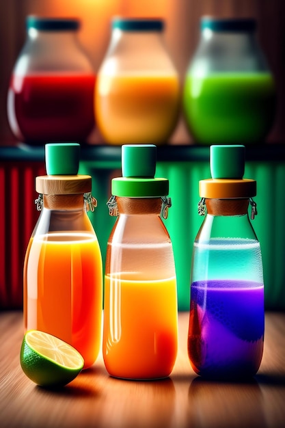 Foto la bebida se vierte en botellas de plástico para la producción de jugo.