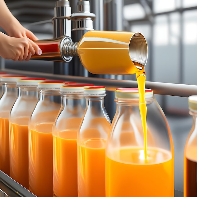 La bebida se vierte en botellas de plástico para la producción de jugo.