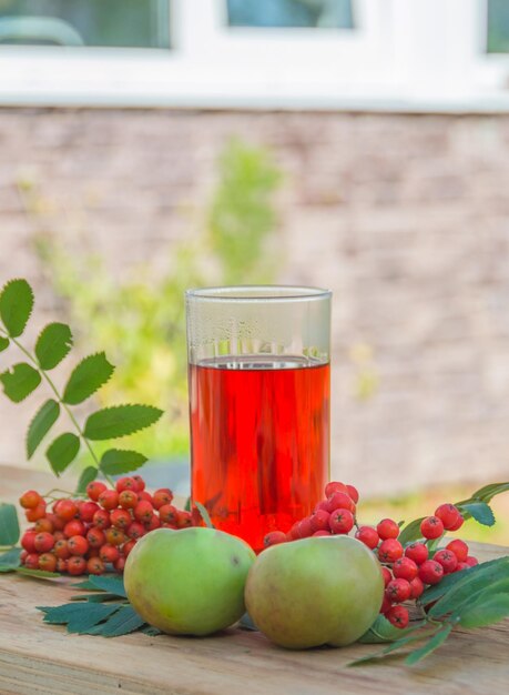 Bebida vitamínica de otoño, manzanas y bayas del fresno de montaña.