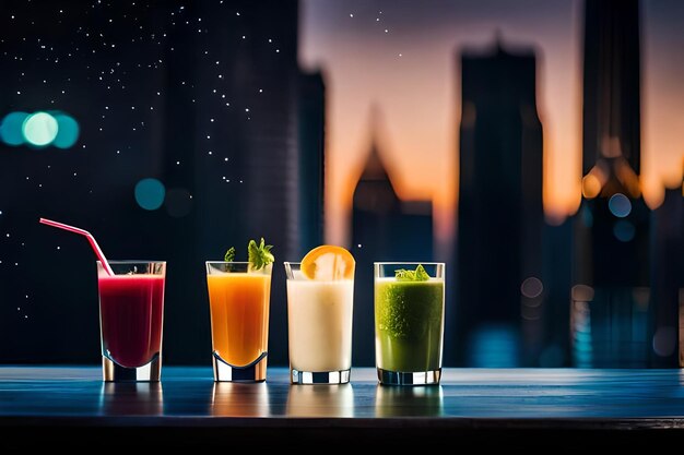 bebidas en un alféizar de la ventana con la ciudad en el fondo.