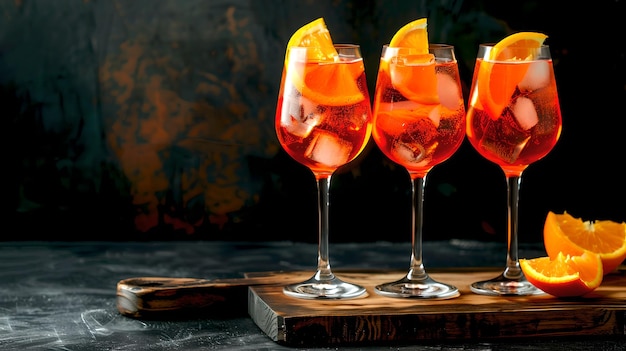 Foto bebidas aperitivos elegantes em copos de cristal com guarnição laranja em um fundo escuro ideais para eventos sociais celebrem com uma ia de coquetel elegante