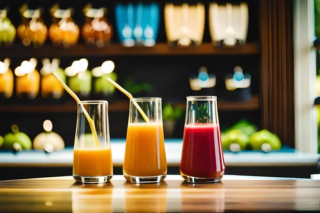 Bebidas en una barra de bar con un vaso de jugo y una pajita.