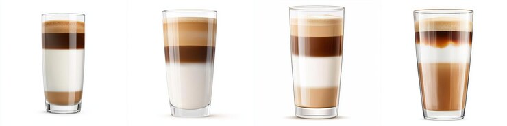 Las bebidas de café en capas en vasos altos muestran hermosos contrastes de café y leche Cada vaso presenta una mezcla única que crea una experiencia visual atractiva