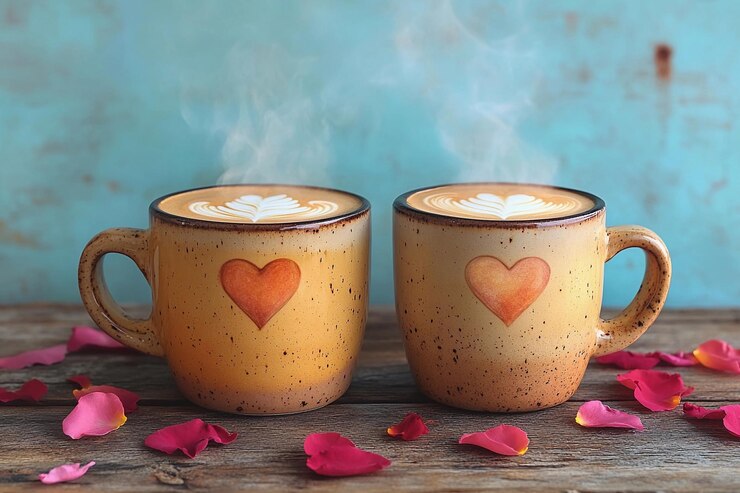 Bebidas cálidas acogedoras con diseños de corazones y pétalos en una mesa de madera rústica IA generativa