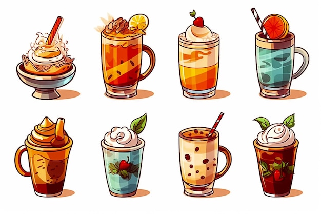 Foto bebidas chá chá de ervas chocolate latte mate café smoothie suco milk shake limonada e assim ilustração isolada em branco