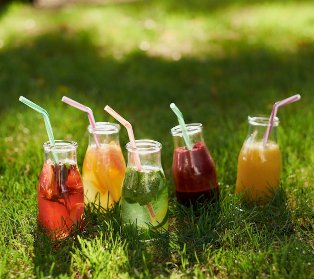 Bebidas coloridas de desintoxicación saludable en la hierba verde del verano. Jugos naturales, frescos y orgánicos y té en botellas.