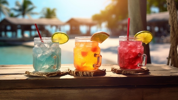 bebidas coloridas con hielo en un vaso sobre un fondo de madera