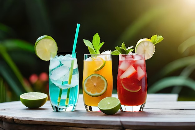 bebidas coloridas en una mesa con una rodaja de limón y lima.