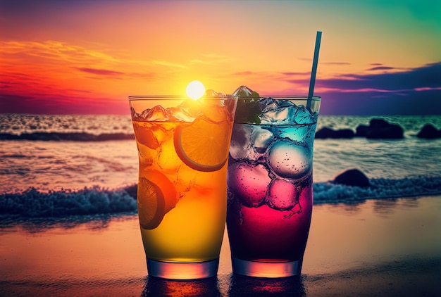 Bebidas com praia desfocada e pôr do sol ao fundo