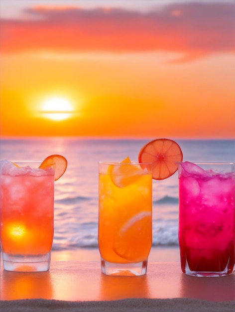 Bebidas com uma praia borrosa e pôr-do-sol no fundo por Generative AI
