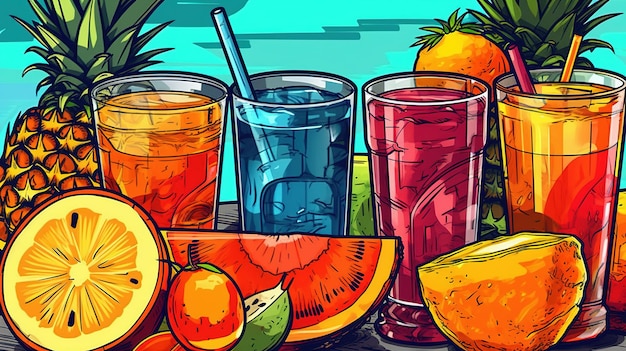 Bebidas de frutas tropicais exóticas Conceito de fantasia Ilustração pintura