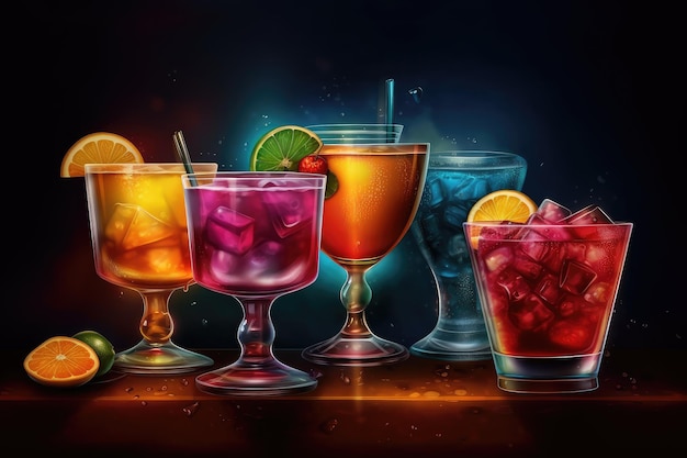 Foto bebidas de suco de cores brilhantes são colocadas na mesa