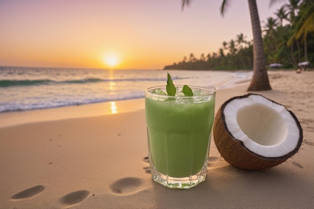 Bebidas de verão exóticas borradas praia de areia no fundo