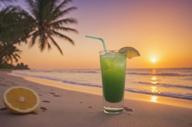 Bebidas de verão exóticas borradas praia de areia no fundo