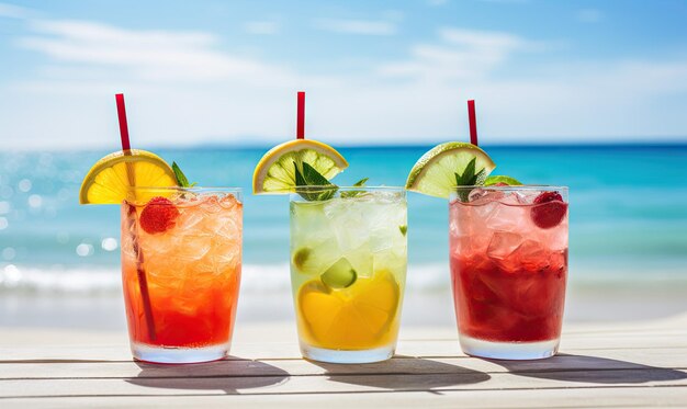 Bebidas de verão vibrantes em uma mesa de madeira com vista para o oceano Bebidas coloridas com um fundo sereno do oceano Criadas com ferramentas de IA generativas