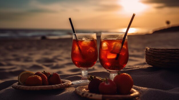 Bebidas douradas em copos na praia de areia durante o pôr do sol