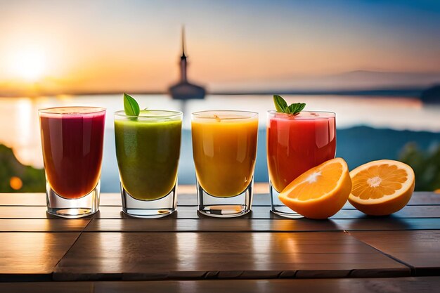 bebidas em um balcão de bar com o sol se pondo atrás delas