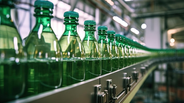 Bebidas enchidas em garrafas ao longo da linha de produção
